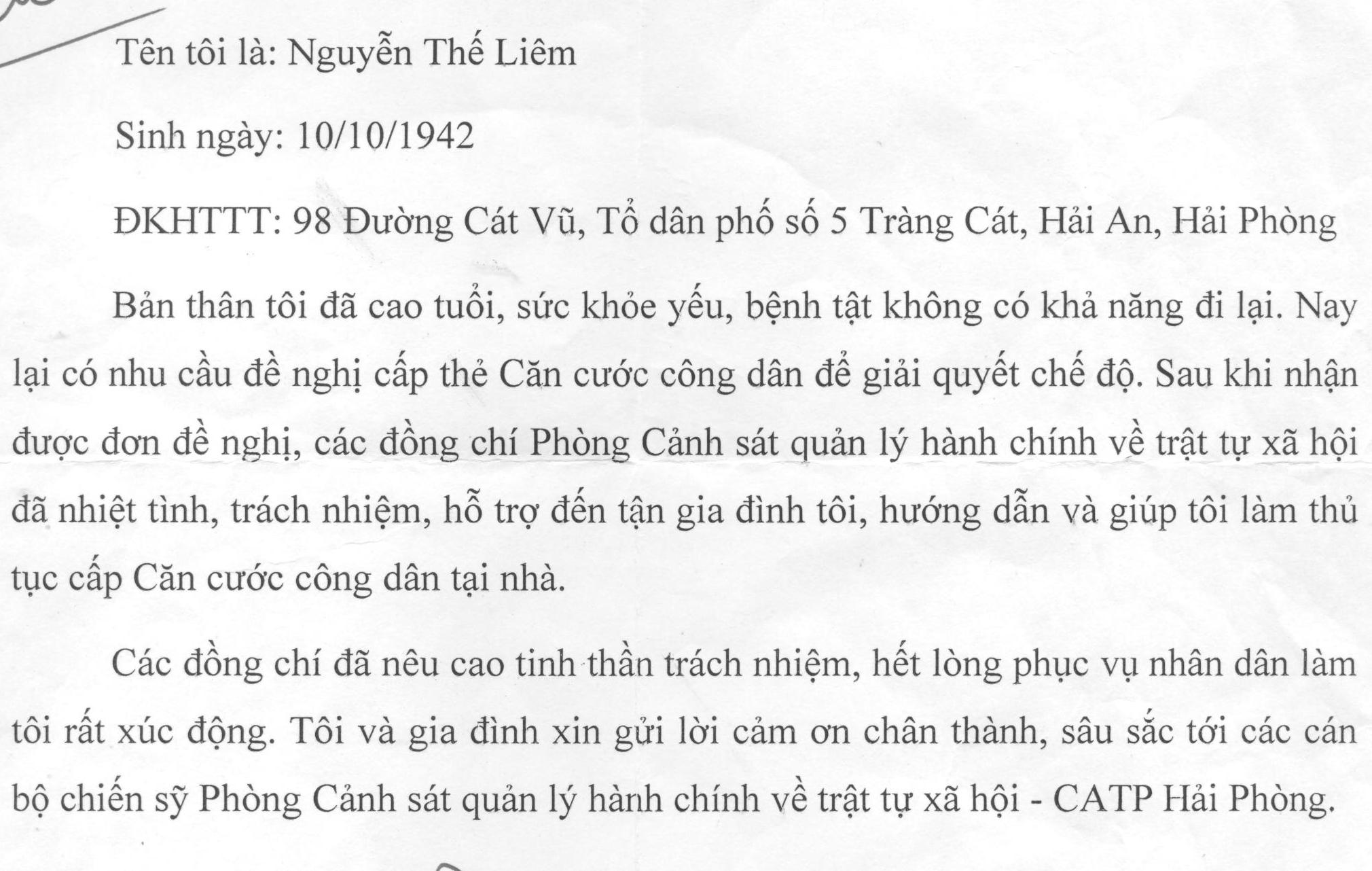Ông Nguyễn Thế Liêm gửi thư cảm ơn CATP và Phòng Cảnh sát quản lý hành chính về trật tự xã hội